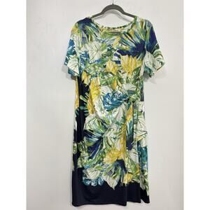 Chico's Twist Front Floral Dress Sz 2 Large Blue Multi Tropical Travel Soft